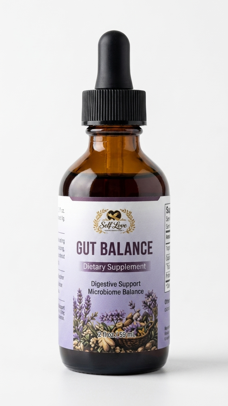 An amber glass dropper bottle of Gut Balance dietary supplement by Self Love Supplements, featuring a white and lavender label with botanical illustrations, set against a plain light gray background.