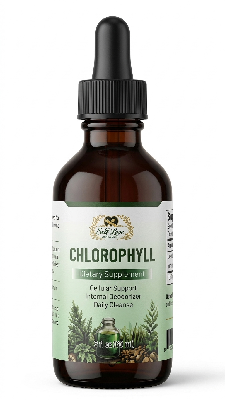 An amber glass dropper bottle of Self Love Supplements Chlorophyll dietary supplement, featuring a black dropper cap and a white and green label with botanical illustrations, set against a plain white background.