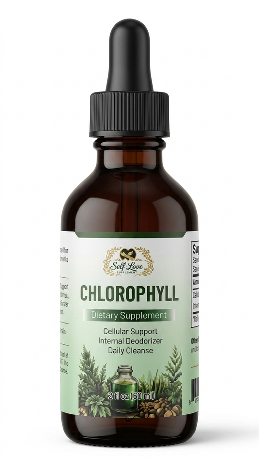 An amber glass dropper bottle of Self Love Supplements Chlorophyll dietary supplement, featuring a black dropper cap and a white and green label with botanical illustrations, set against a plain white background.
