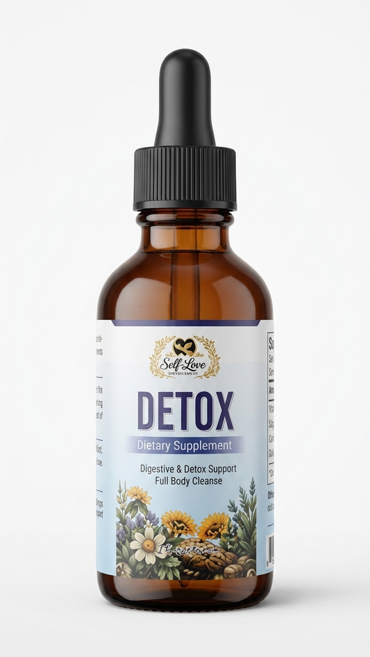 An amber glass dropper bottle of Self Love brand Detox dietary supplement with a black dropper cap and a white label featuring blue text and botanical illustrations, set against a plain light gray background.
