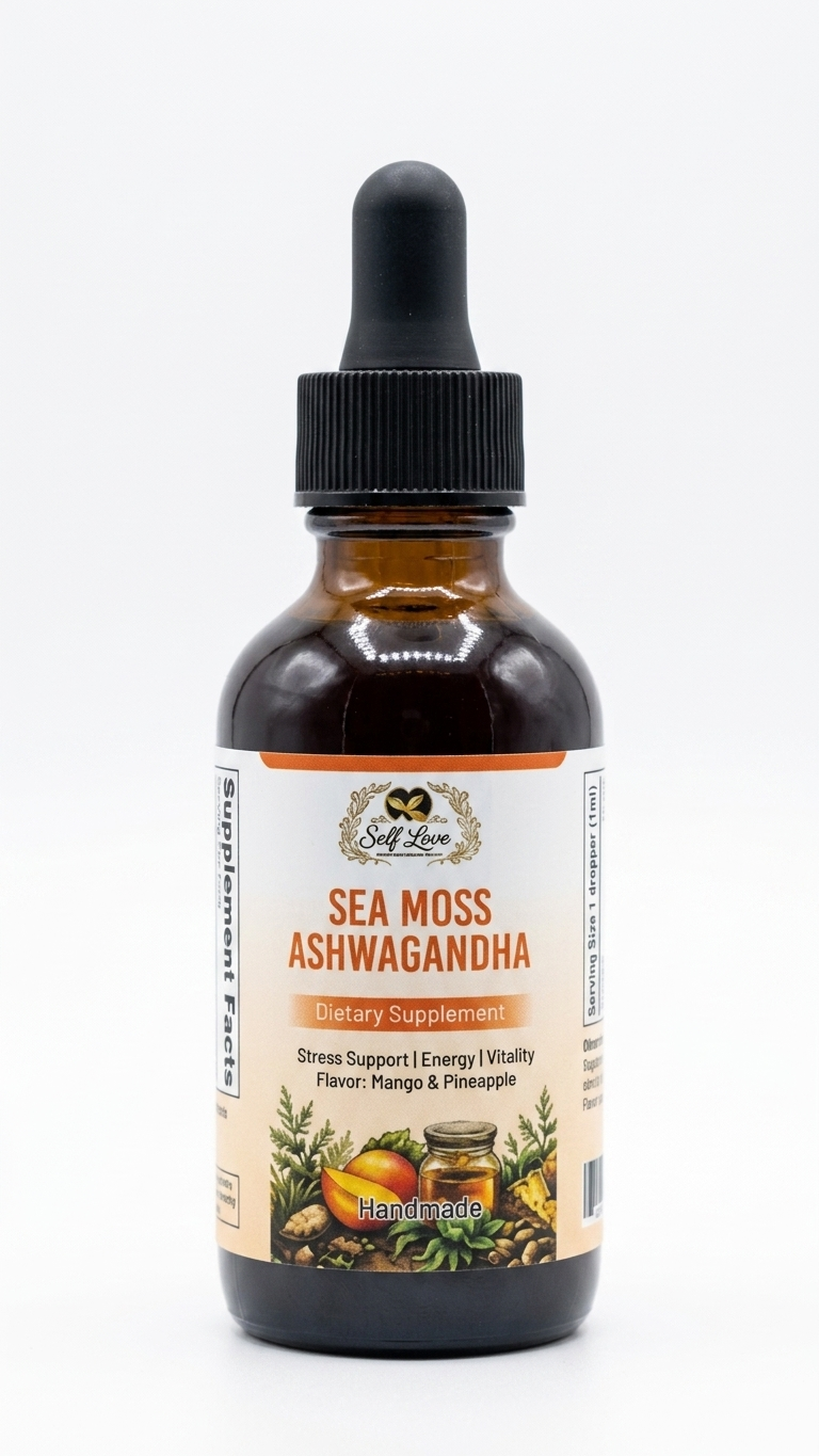 A bottle of Sea Moss Ashwagandha dietary supplement by Self Love Supplements, featuring an amber glass bottle with a black dropper cap and a cream-colored label with orange and green text and illustrations.